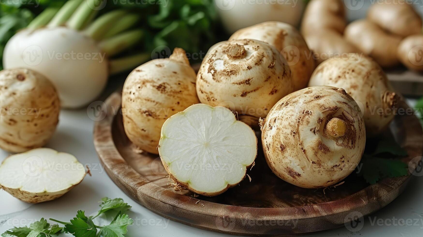 AI generated Fresh jicama Pachyrhizus erosus or yam bean on white table photo