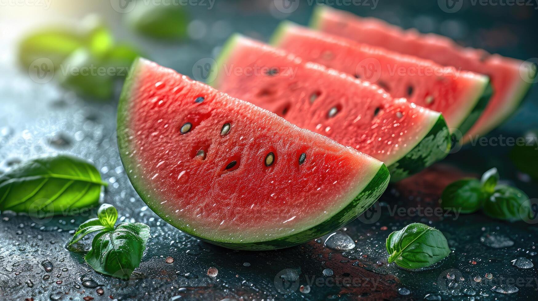 AI generated Slices watermelon with vibrant red and green hues, shot from an overhead perspective. photo