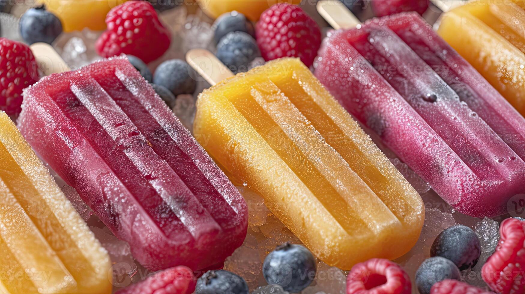 AI generated Fresh fruit popsicles on a white table. fruit popsicles, kiwi, strawberry, orange. Sweet desert background. photo