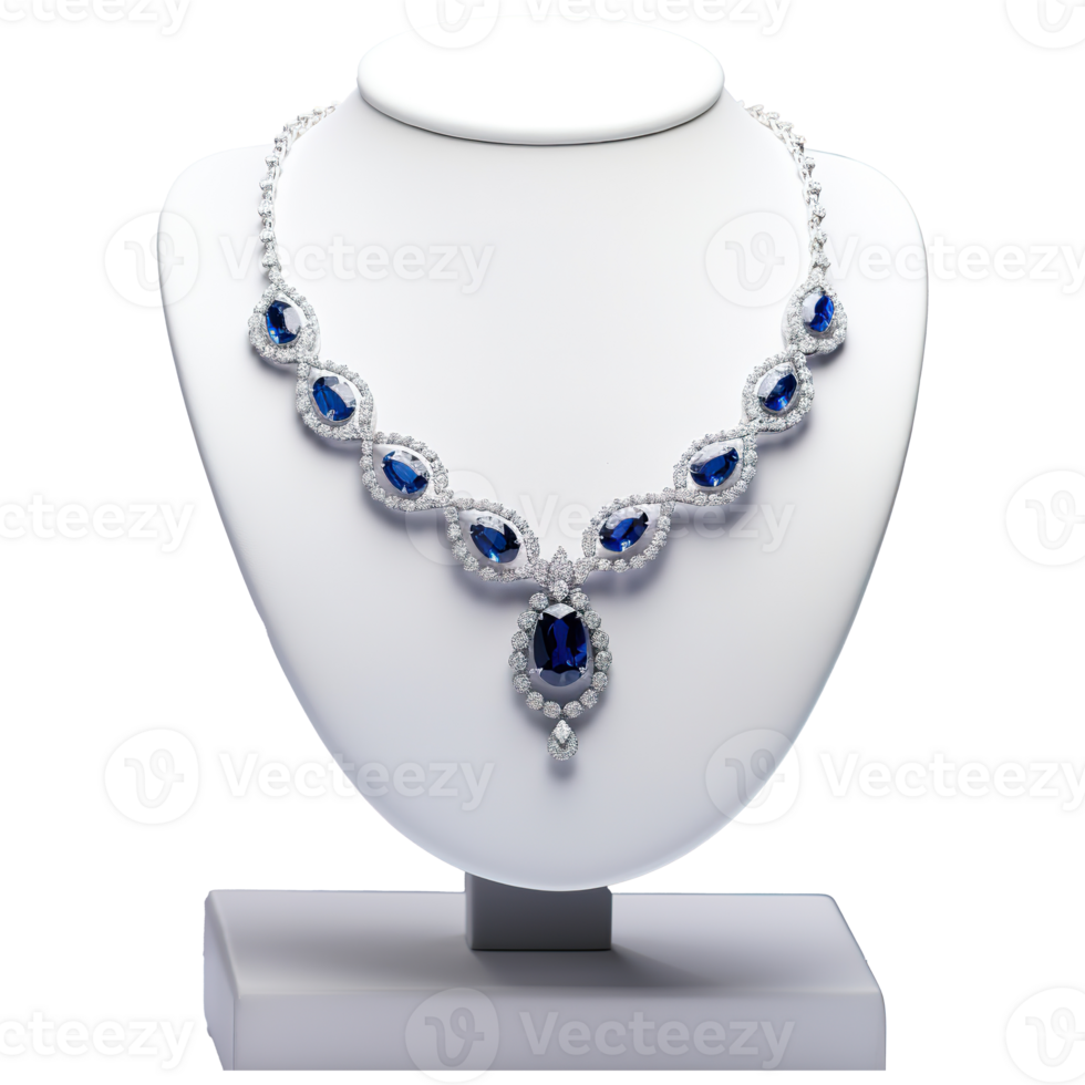 AI generated Luxury Diamond and Sapphire Necklace on Display Stand, Fine Jewelry png