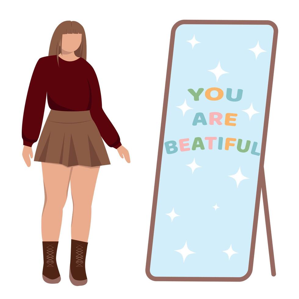 the girl looks in the mirror. body positivity and self-acceptance. vector