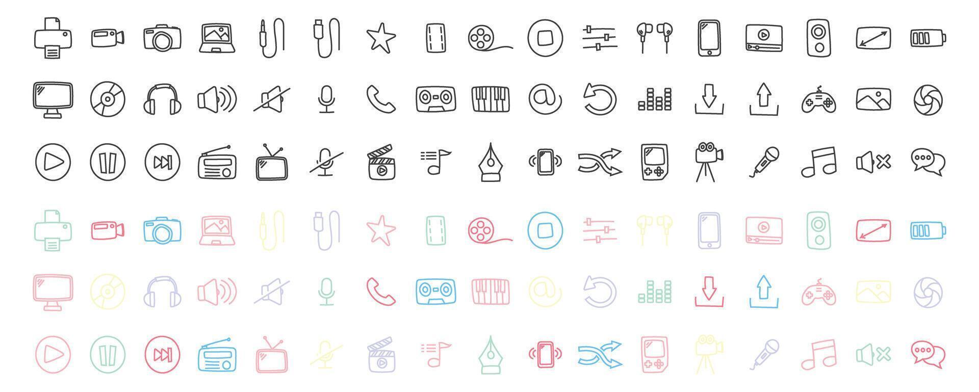 multimedia doodle icon bundle, music, video, paper, electronic vector