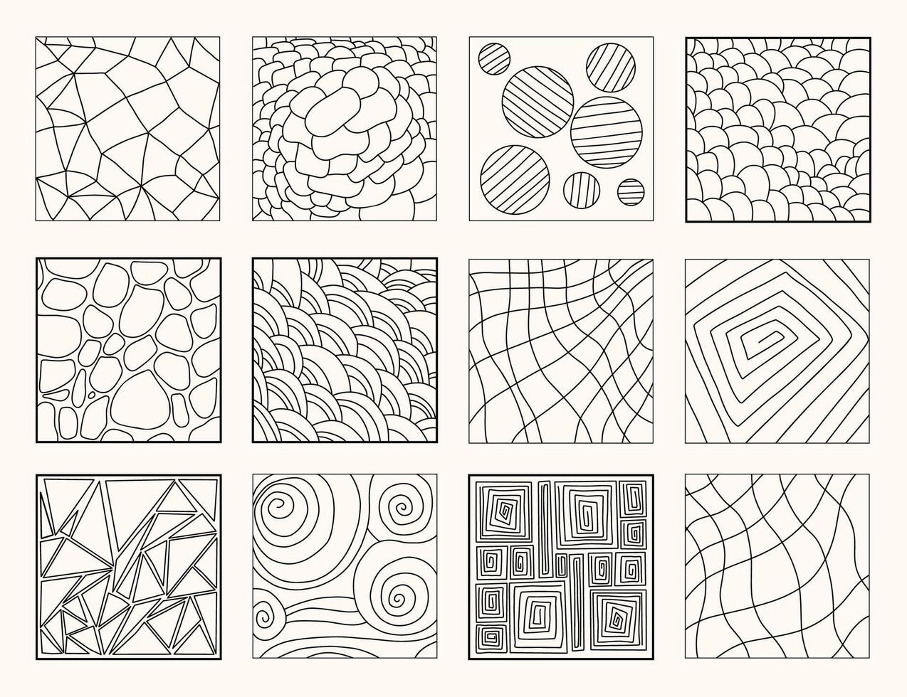 Geometric linear patterns backgrounds doodles set. Vector illustration. Isolated square outline patterns, abstract posters, texture.