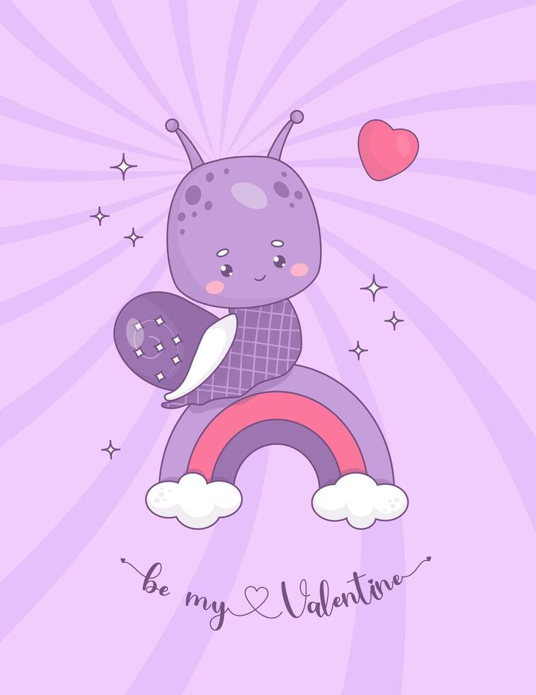 Cute groovy snail boy on rainbow. Funny enamored insect kawaii character. Vector illustration. Cool poster Valentines card with slogan in retro style.