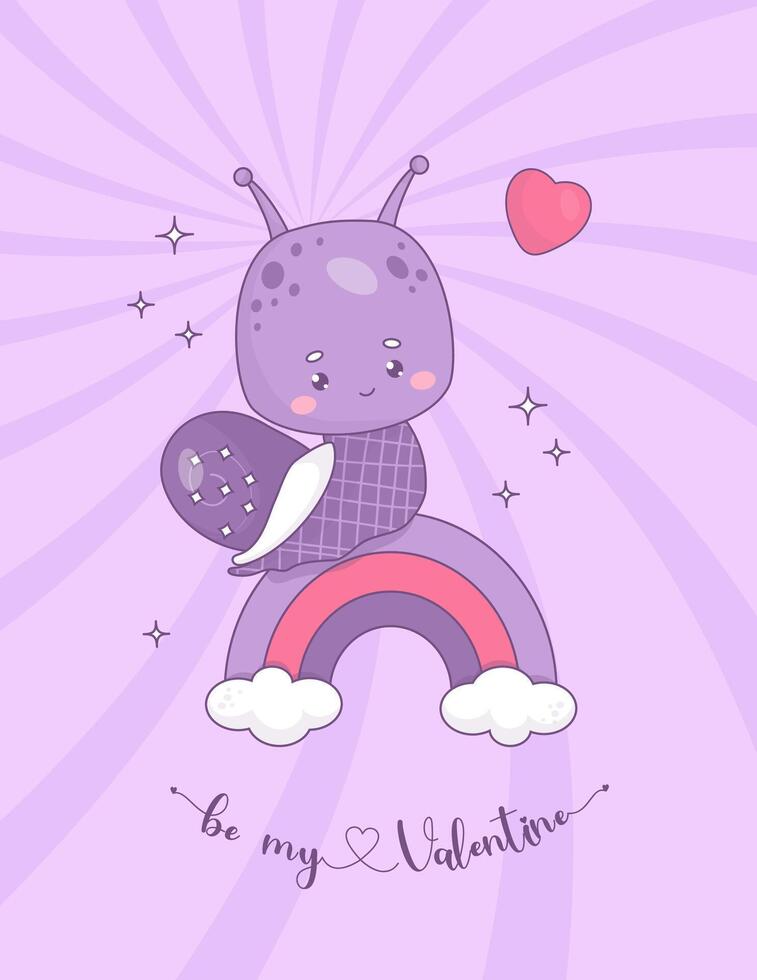 linda maravilloso caracol chico en arcoíris. gracioso enamorado insecto kawaii personaje. vector ilustración. frio póster san valentin tarjeta con eslogan en retro estilo.