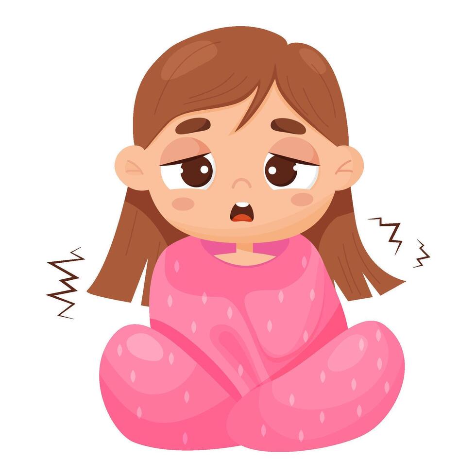 Suffering sick girl wrapped in blanket. Vector illustration in cartoon style. Sad child girl character.