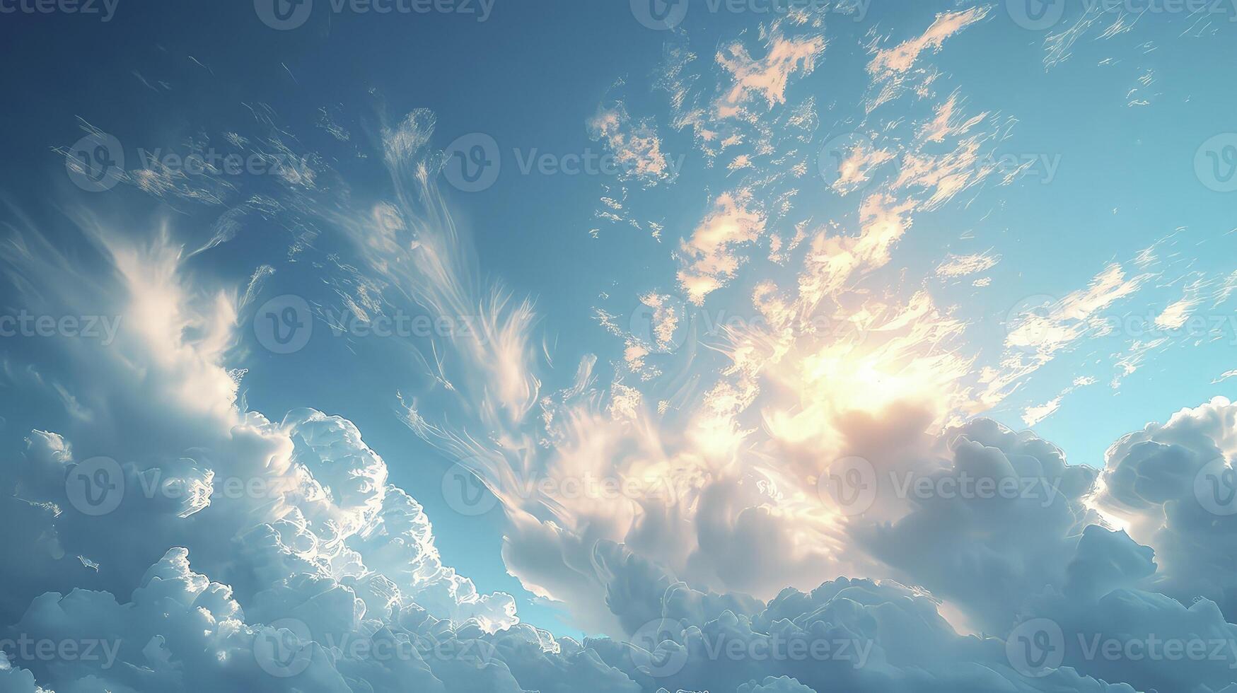 AI generated a clear blue sky scene with a trail of wispy Cirrus clouds and fine grains. photo