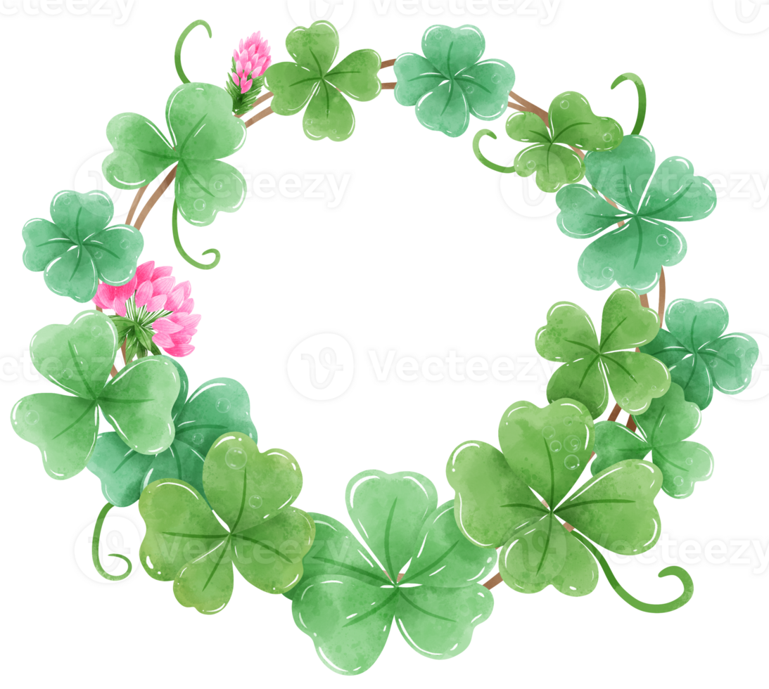 Handdrawn watercolor illustration clipart of Clover Frames Wreaths with Flowers St'Patricks Day birthday Floral arrangements greeting cards wedding invitation Party Irish png