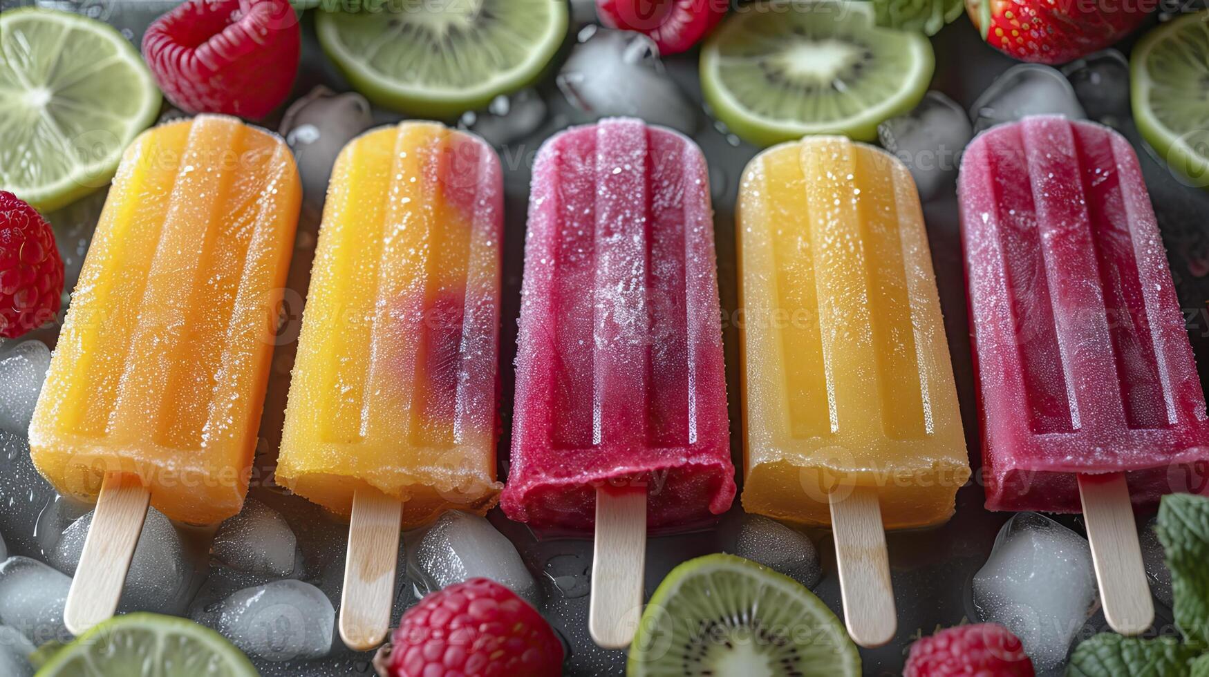 AI generated Fresh fruit popsicles on a white table. fruit popsicles, kiwi, strawberry, orange. Sweet desert background. photo