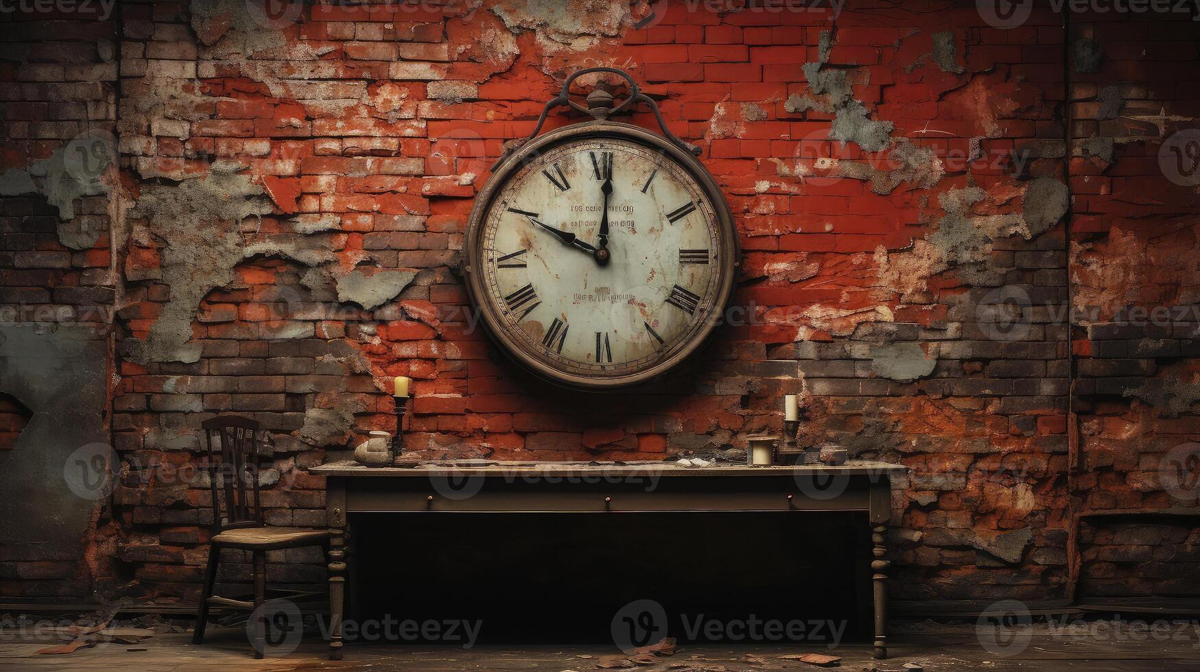 AI generated Industrial backdrop. Empty room with wooden table, classic clock and brick wall behind it. photo
