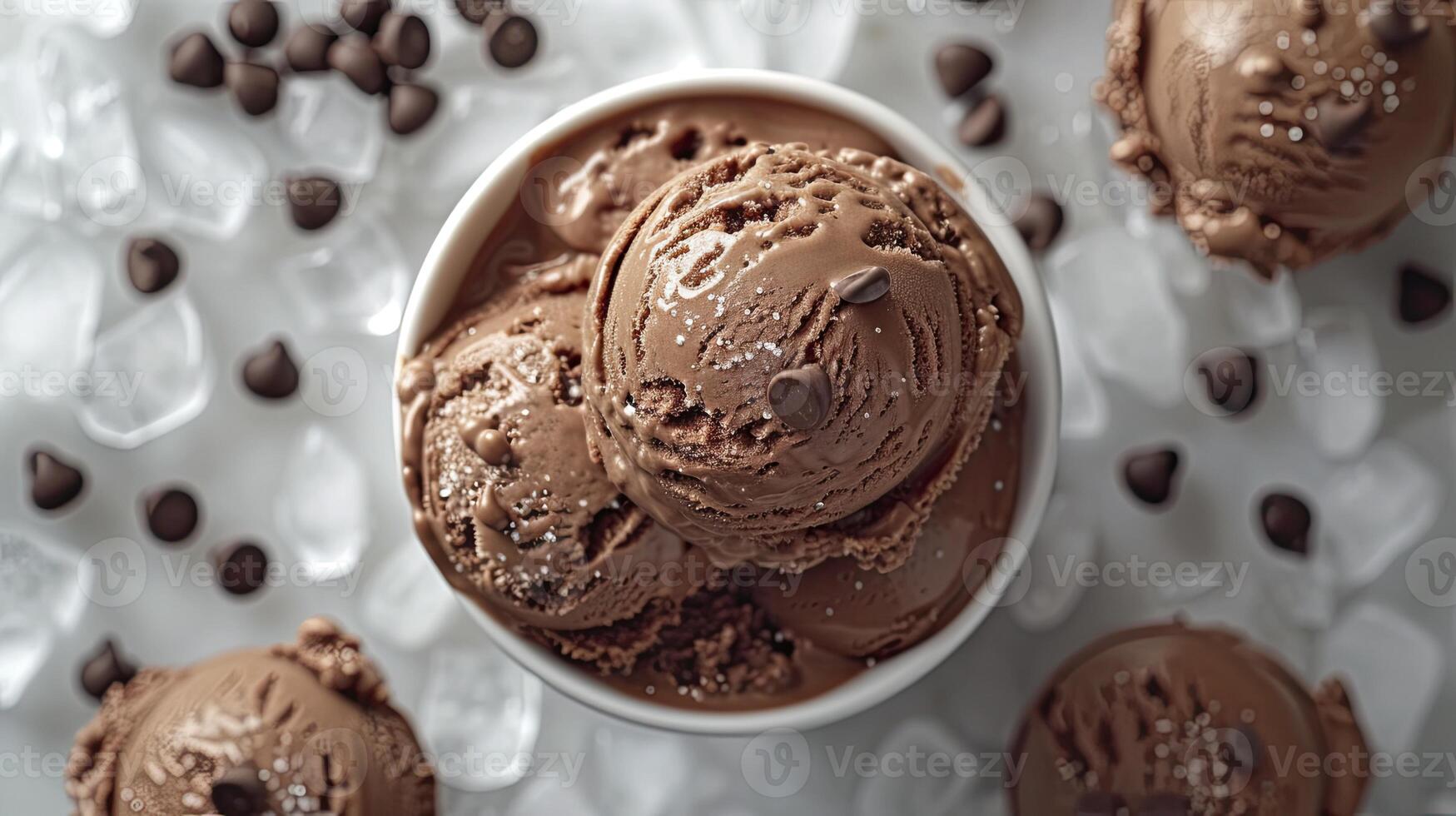 AI generated Delicious chocolate ice cream with ice cubes and choco chips, sweet dessert background. photo