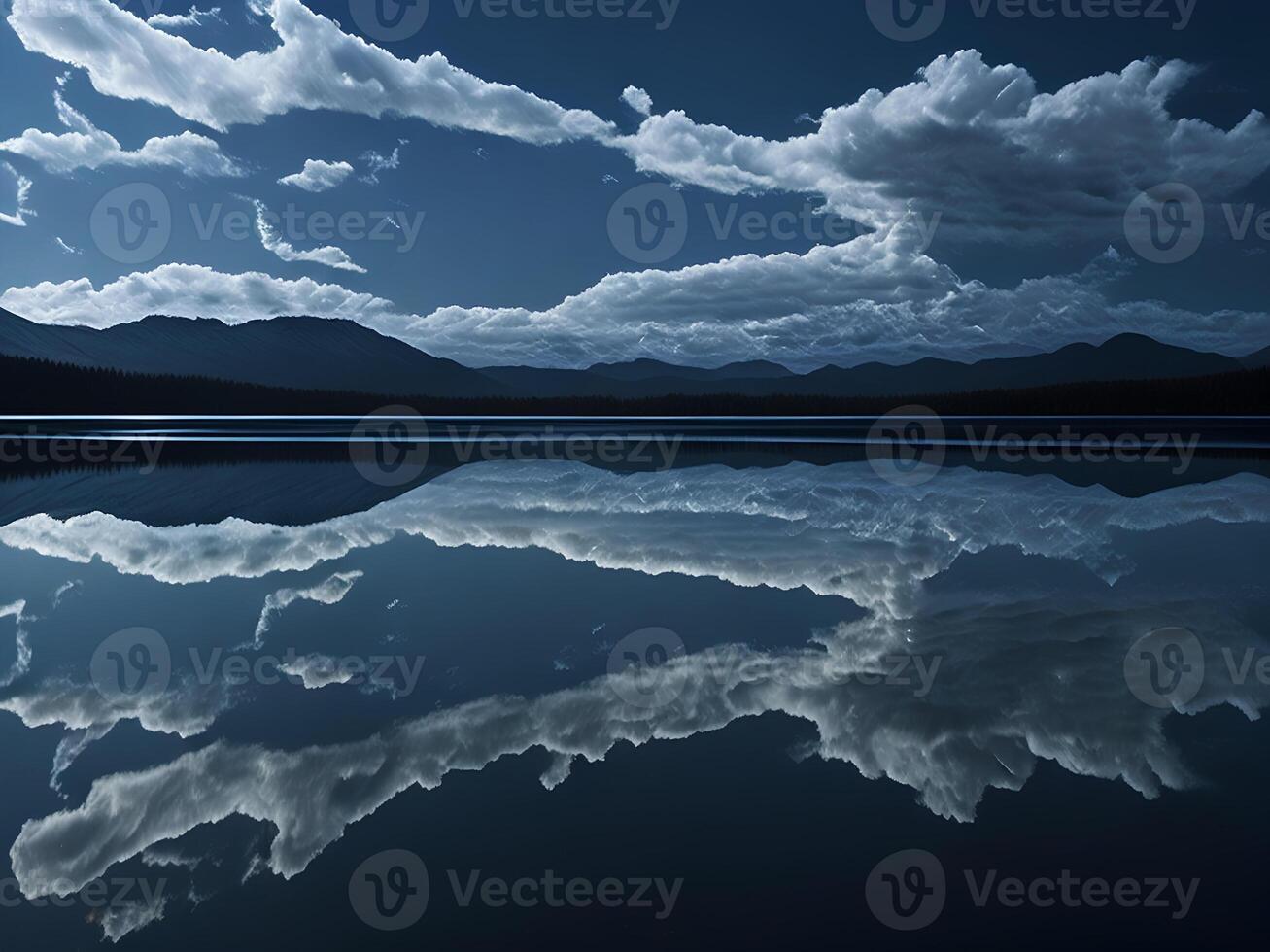 AI generated Beautiful lake landscape with mountains and clouds reflected in calm water. photo