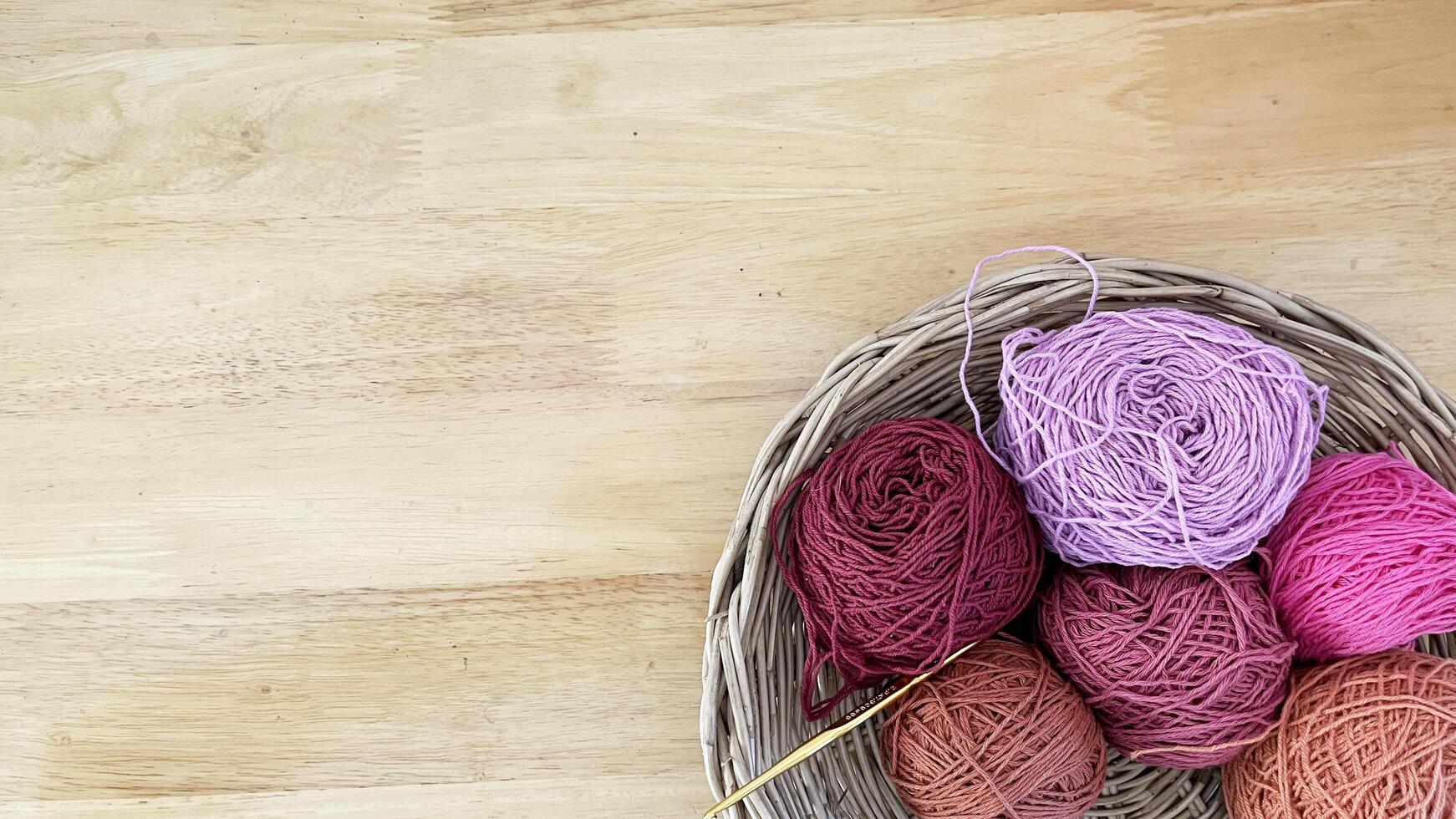 The colorful cotton yarn, ball of threads, wool. Handmade crocheting crafts. DIY concept. Copy space photo