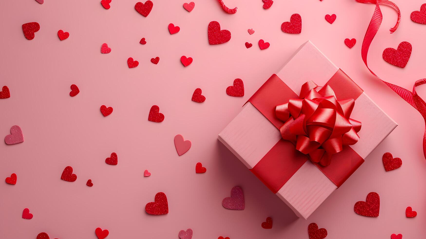 AI generated Surprise Holiday Gift Box with Red Ribbon on a festive background, perfect for Christmas, Valentine's Day, birthdays, anniversaries, and other joyous celebrations photo