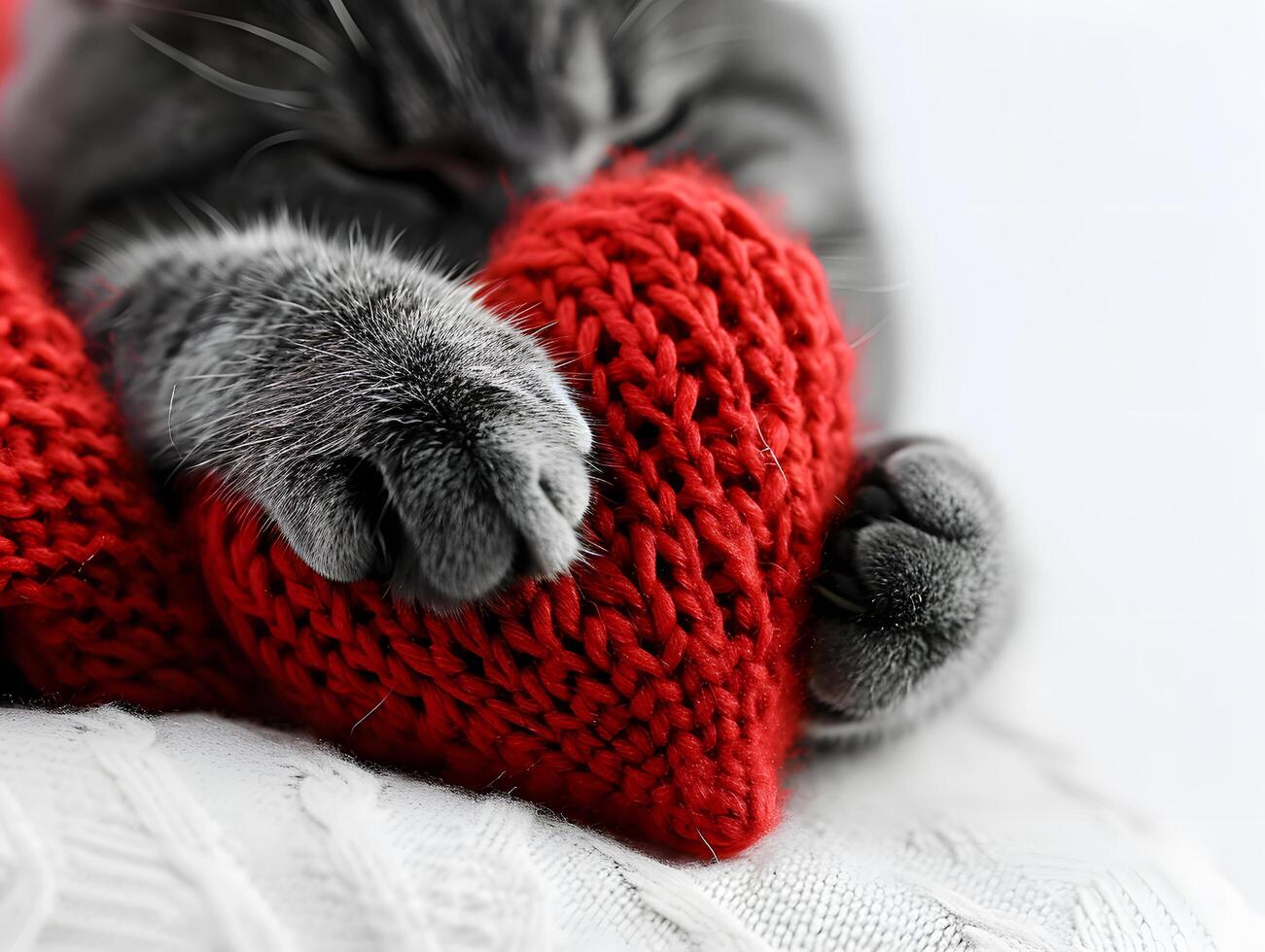 AI generated A fluffy black kitten hugs a red yarn heart, a perfect illustration of love for pets on Valentine's Day photo