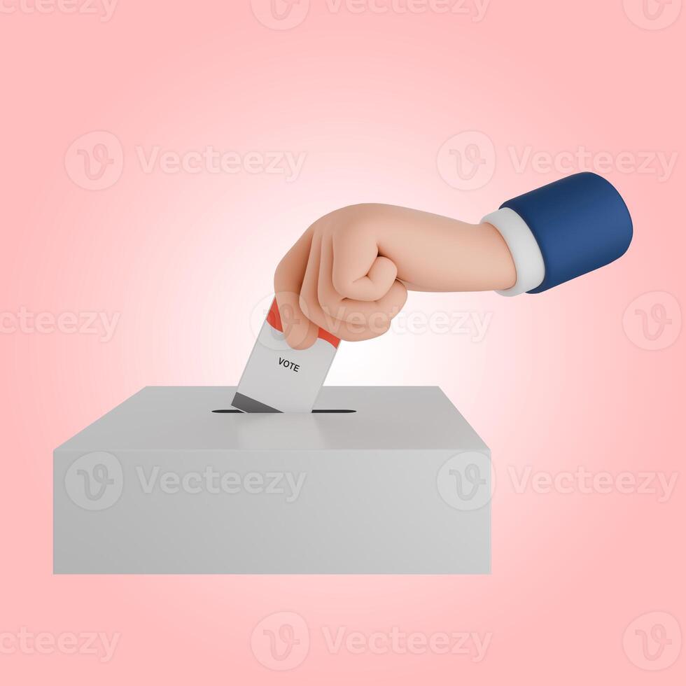 3D render of hand icon holding voting papers for general elections or Pemilu for the president and government of Indonesia. The vote paper goes into the ballot box photo