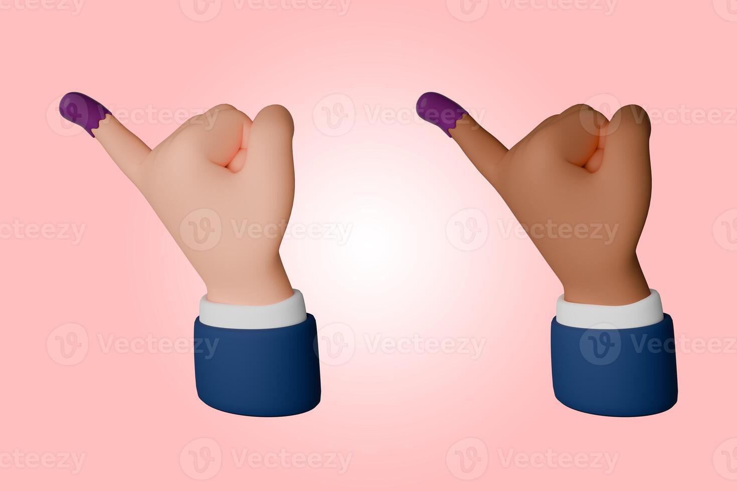3d hacer icono de mano gesto pequeño dedo después votación en Indonesia general elección. el dedo sumergido en púrpura tinta foto