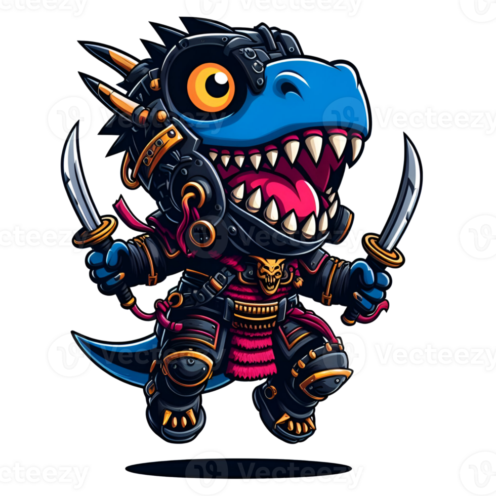 AI generated cartoon dinosaur samurai with sword and armor png