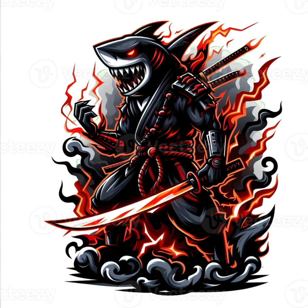 AI generated shark with sword and fire on his back, transparent background png