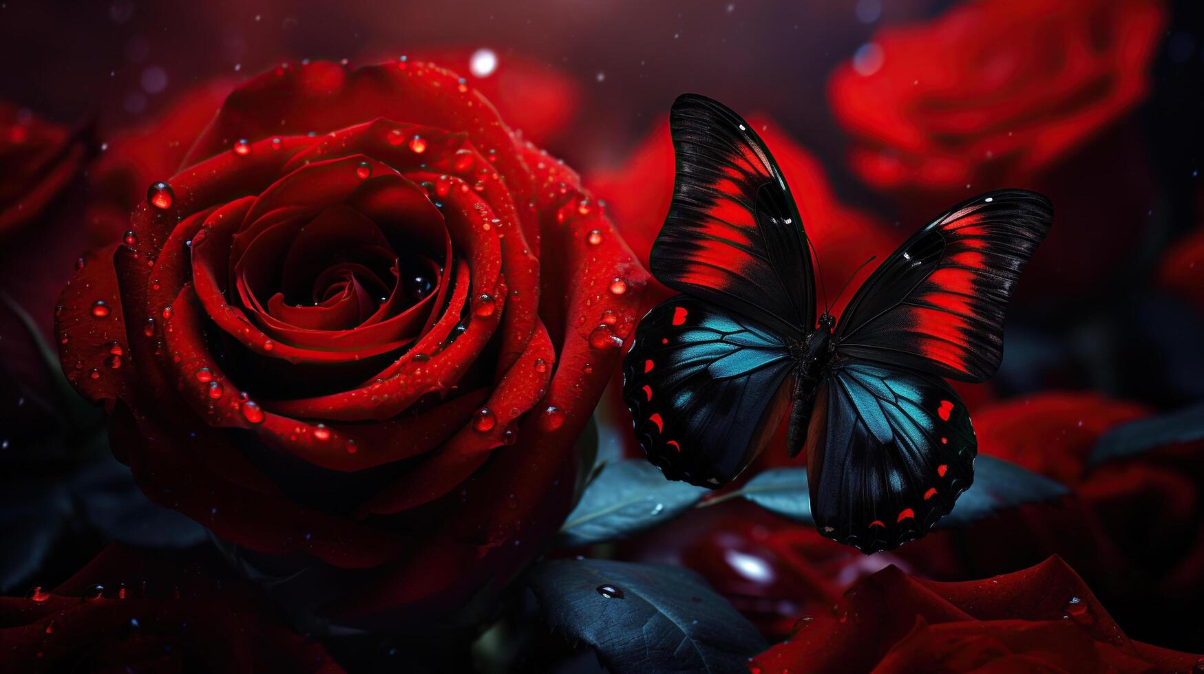AI generated Beautiful red roses with water drops and butterfly, Valentine's Day background. Generative AI photo