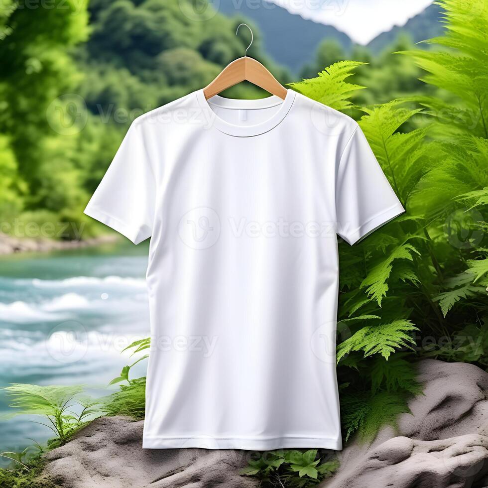 AI generated PNG Blank Tshirt Mockup Hanging on a Wooden Hanger with a Nature Background photo