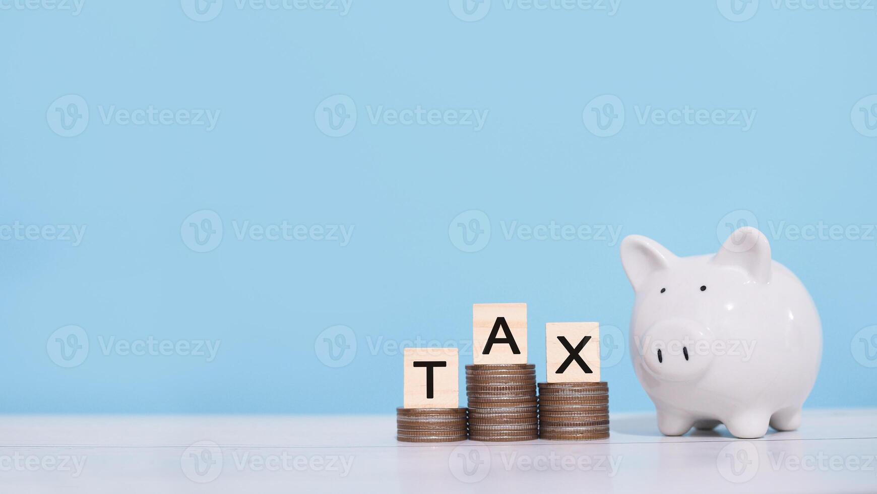 Piggy bank and wooden blocks with the word TAX on stack of coins. The concept about saving money and manage time to paying tax photo