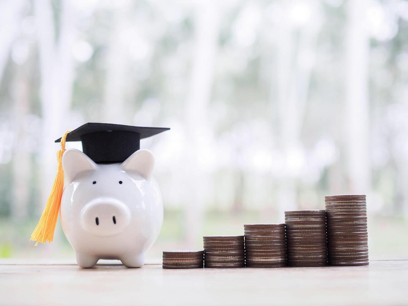 Piggy bank with graduation hat and stack of coins. The concept of saving money for education, student loan, scholarship, tuition fees in future photo