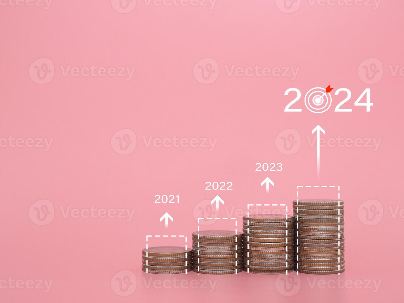 Stack of coins with arrow rising. The concept of business growth, Financial investment, Market stock, Profit return, Dividend and Business fund in year 2024 photo