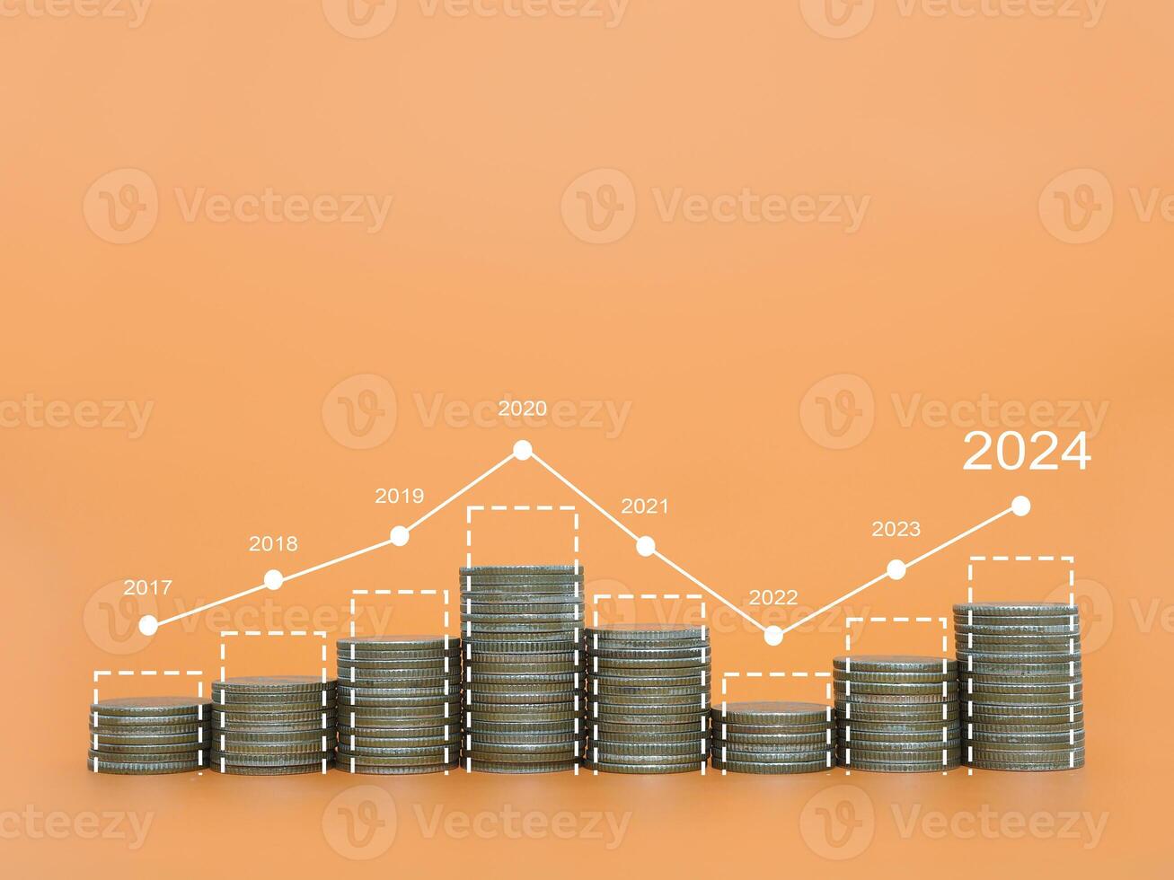 Stack of coins with arrow rising. The concept of business growth, Financial investment, Market stock, Profit return, Dividend and Business fund in year 2024 photo