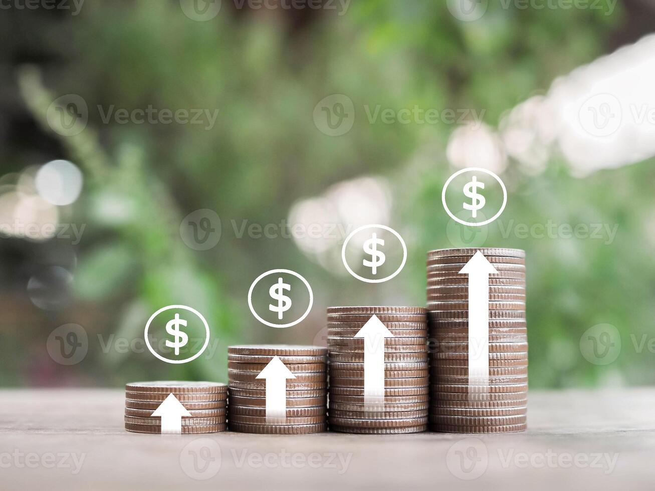 Stack of coins with arrow rising and dollar coin icons. The concept of business growth, Financial investment, Market stock, Profit return, Dividend and Business fund. photo