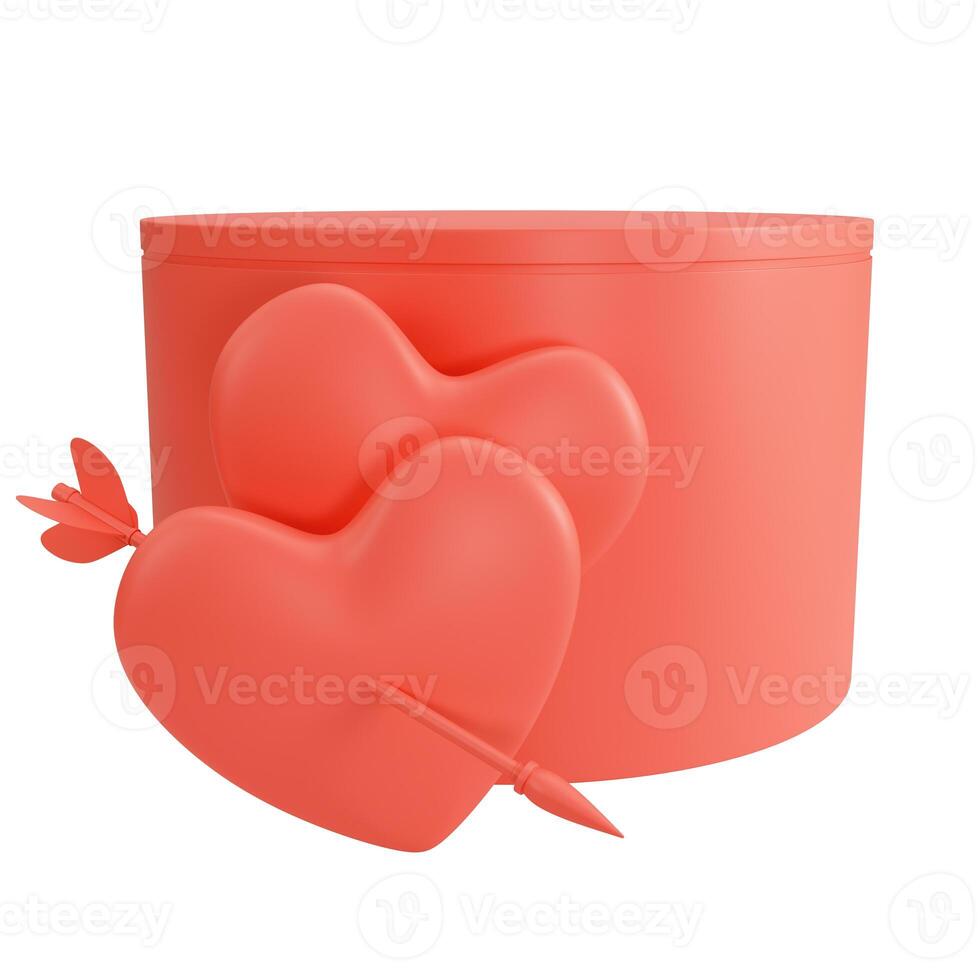 Red podium for product display with hearts pierced by cupid arrow isolated on white background photo