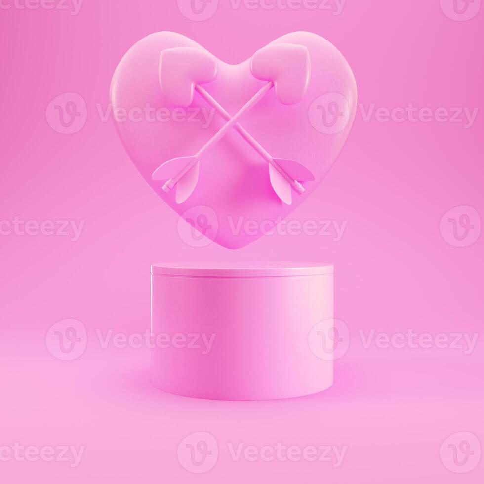 Pink podium for product display with heart and two crossed cupid arrows on bright background in pastel colors photo