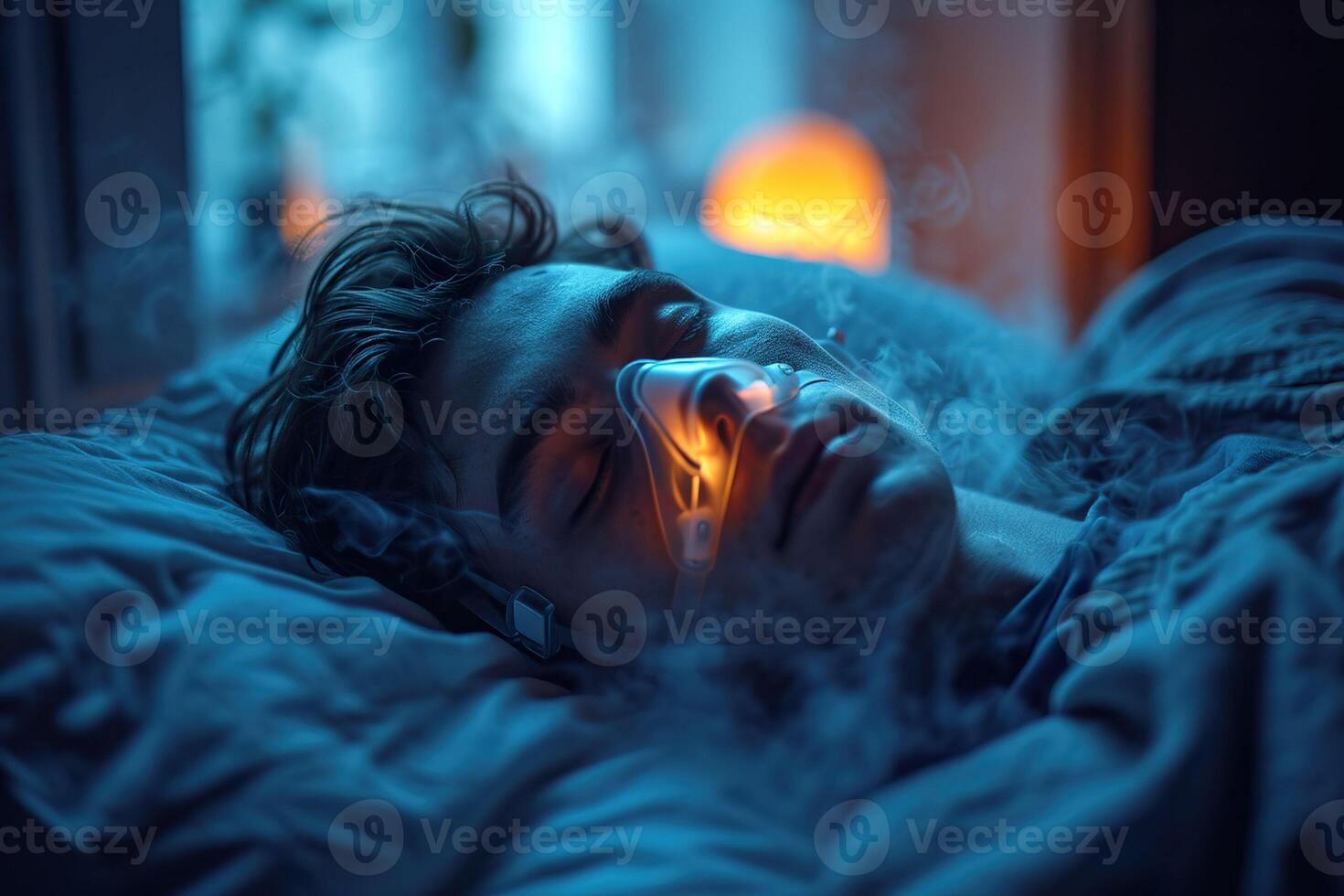 AI generated Man sleeping with high-tech sleep aid device. Generative AI. photo