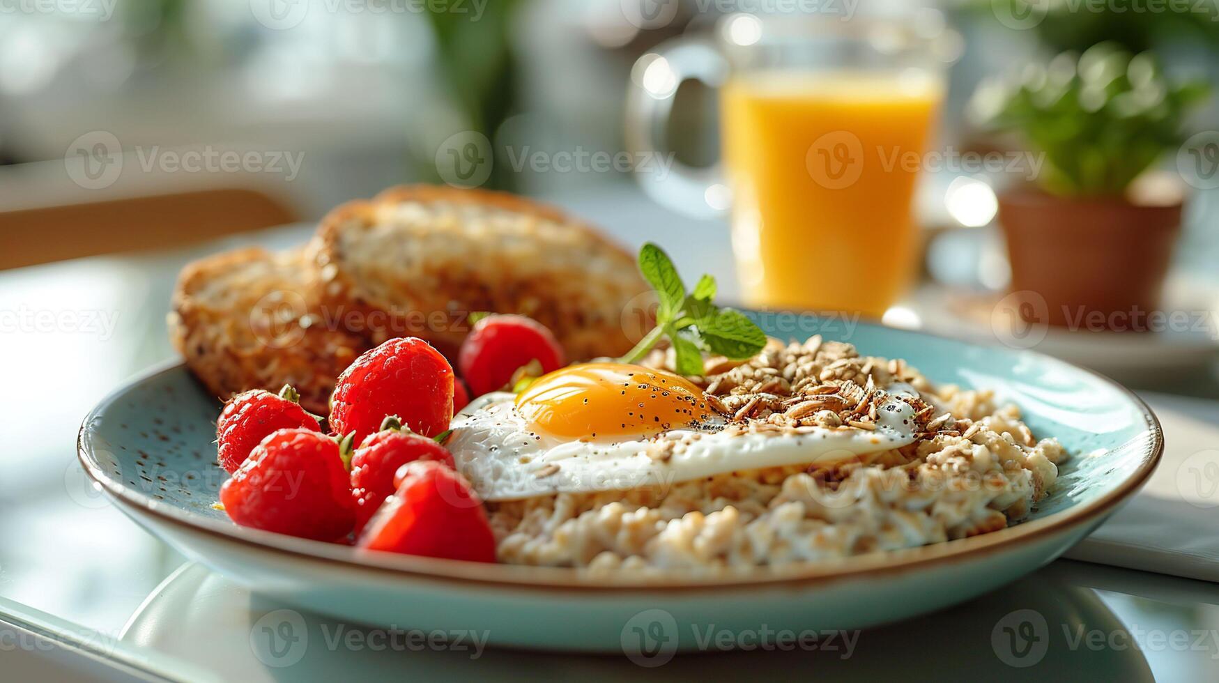 AI generated Closeup view of sunny morning breakfast with eggs and fresh fruits. Generative AI. photo