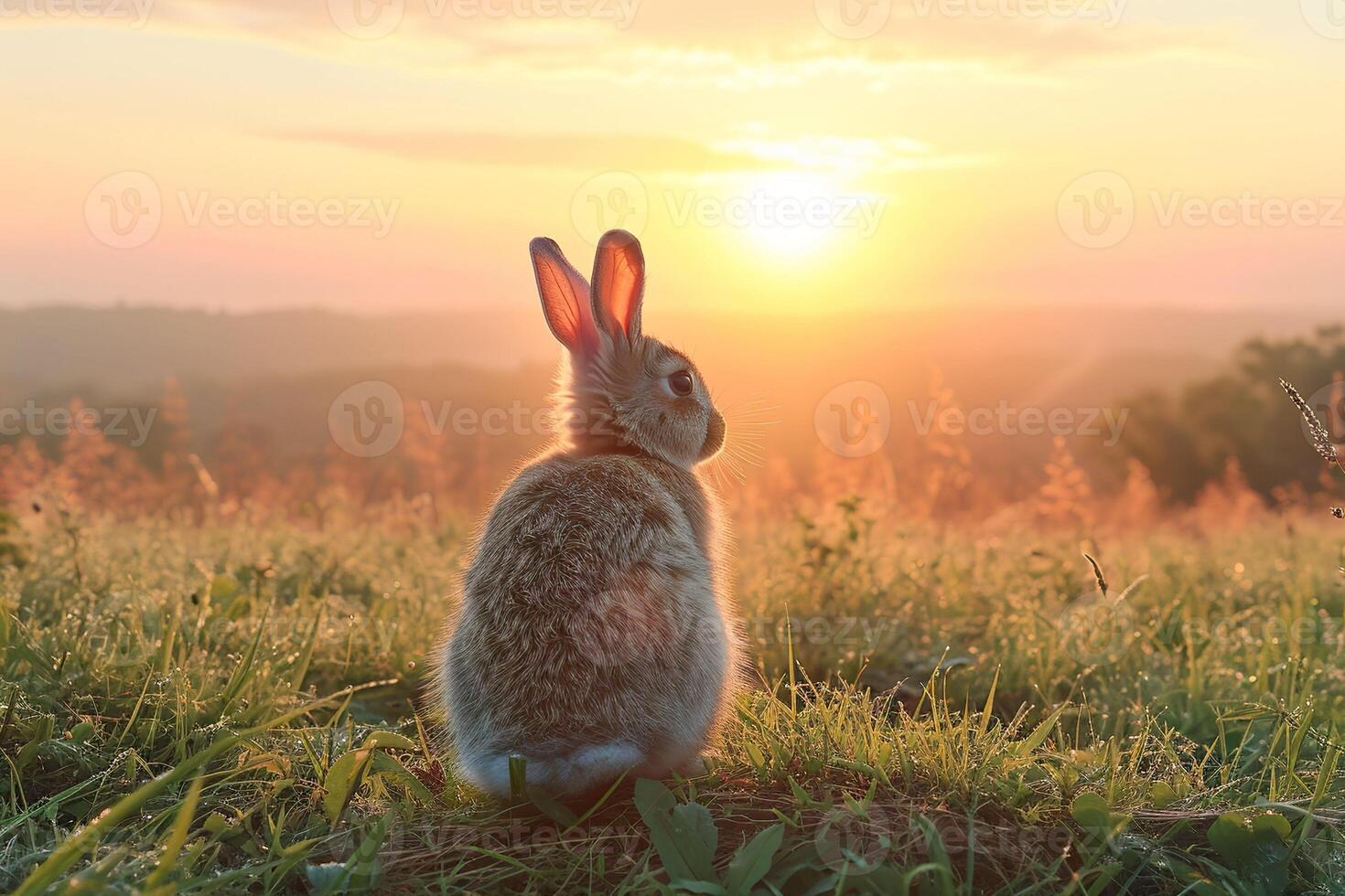 AI generated Rabbit watching sunrise on dewy meadow. Generative AI. photo