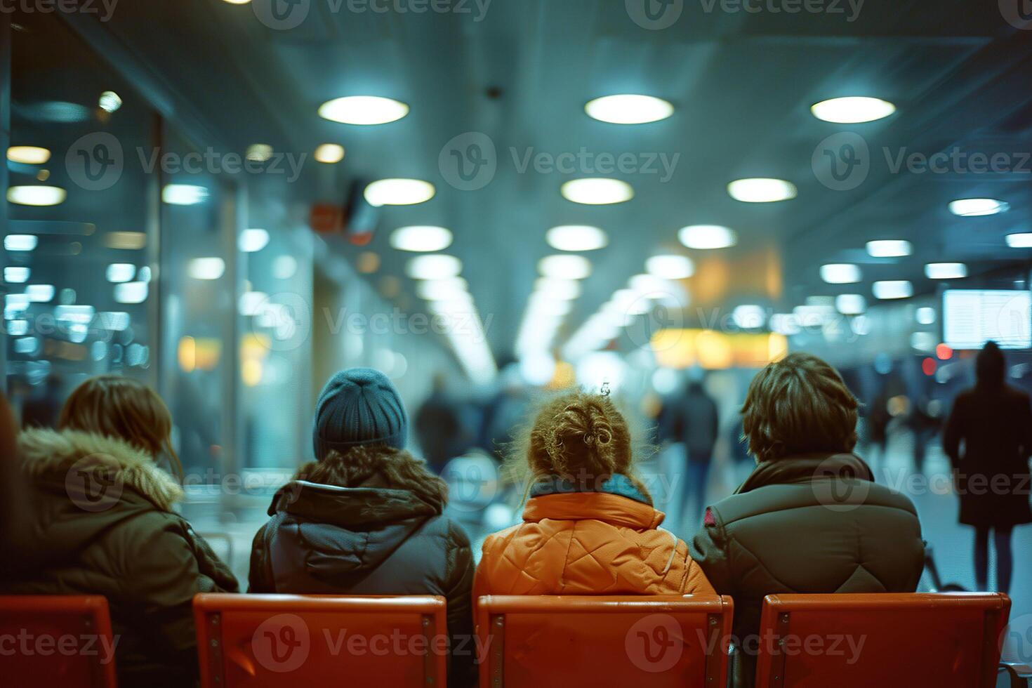 AI generated Travelers seated in terminal waiting for departure. Generative AI. photo