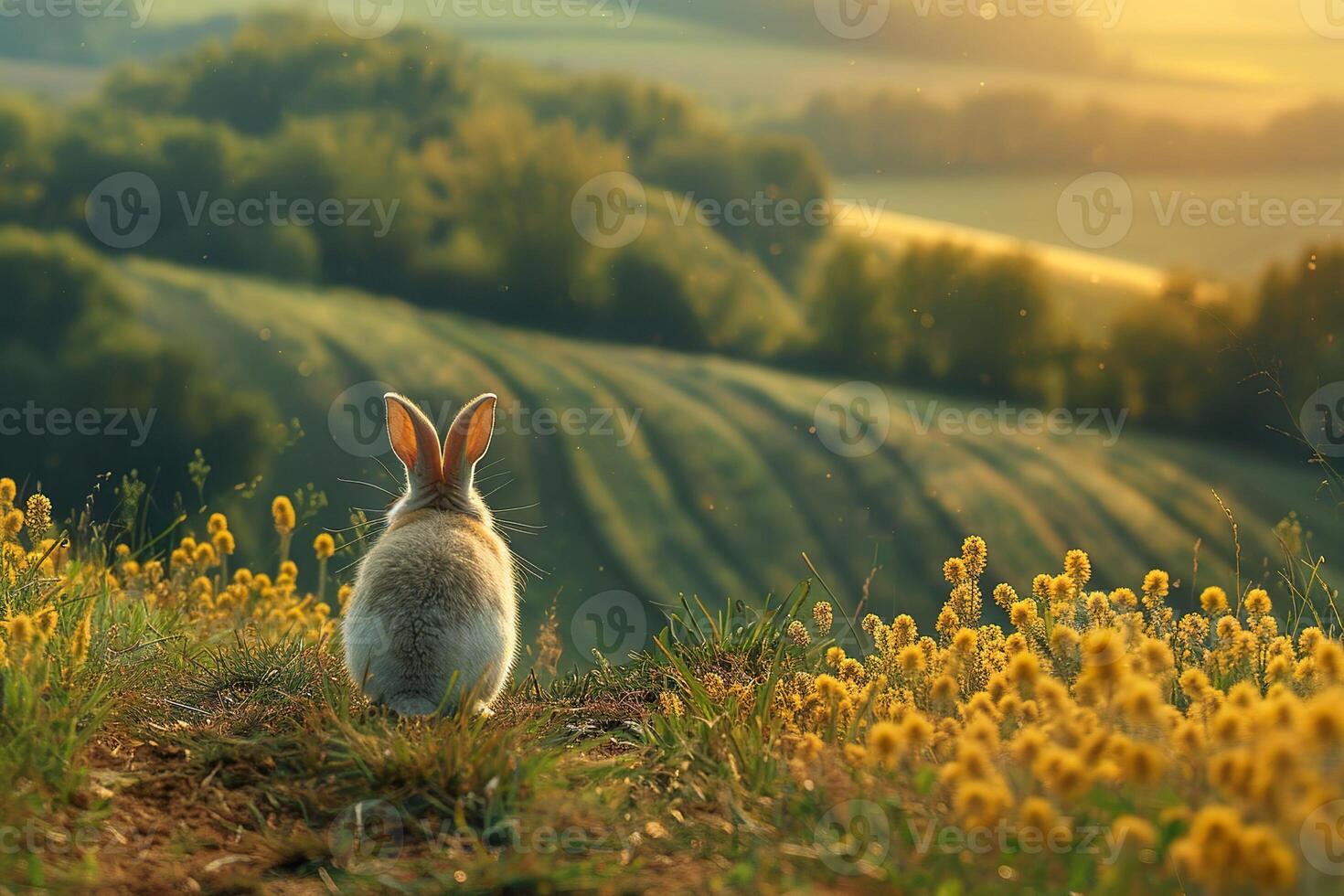 AI generated Rabbit gazing over blossoming field at sunrise. Generative AI. photo