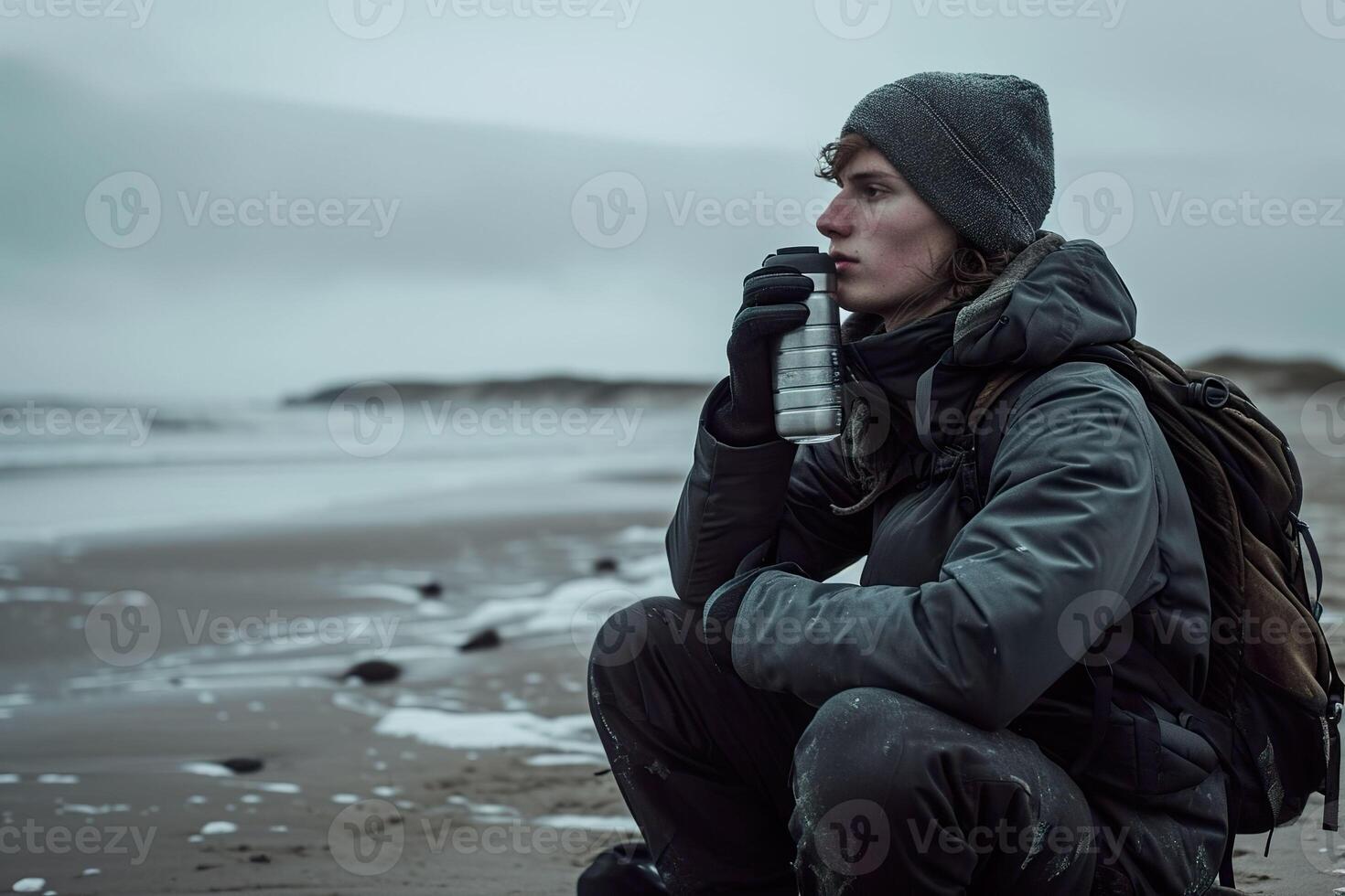 AI generated A young man traveler in gray jacket enjoy hot drink from thermal bottle in winter with backpack. Generative AI. photo