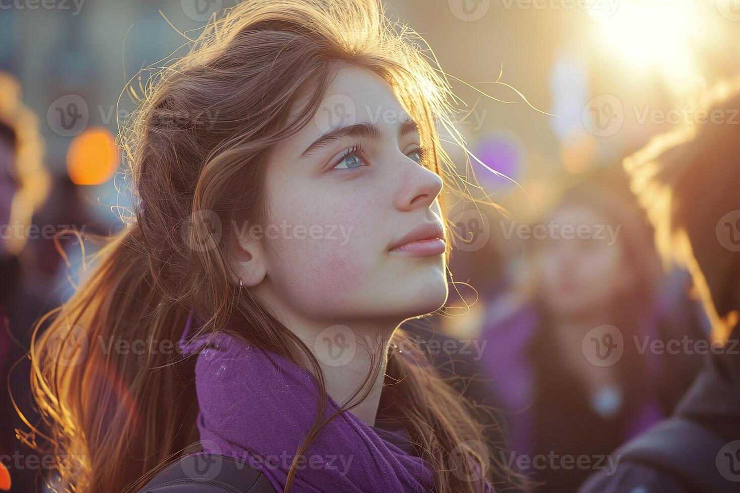 AI generated Young woman wearing purple attire in the warm glow of setting sun. Generative AI. photo