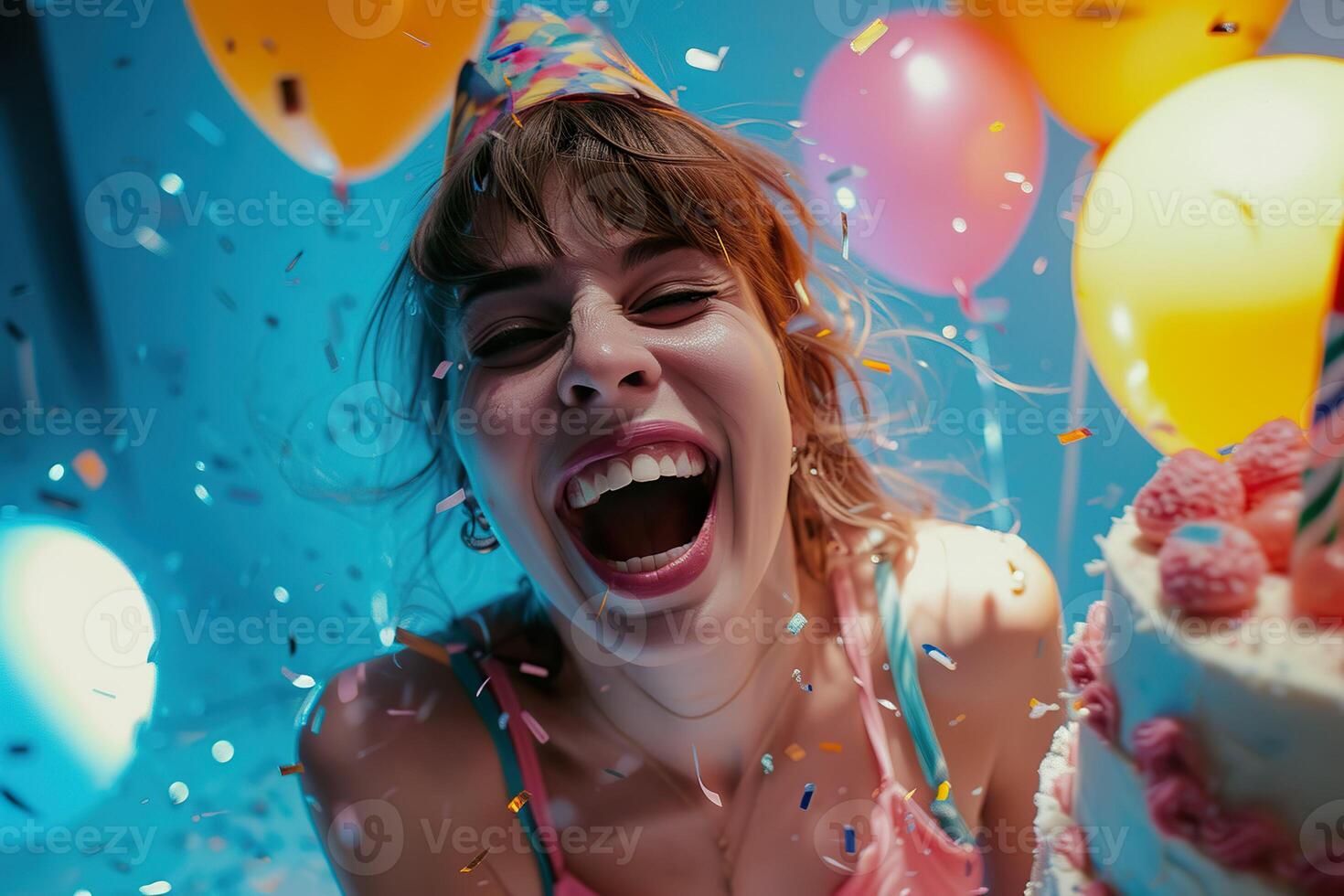 AI generated Euphoric young woman with a birthday cake. Generative AI. photo