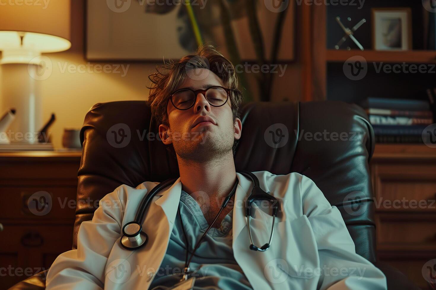 AI generated A tired young doctor in lab coat taking a rest on a couch. Generative AI. photo