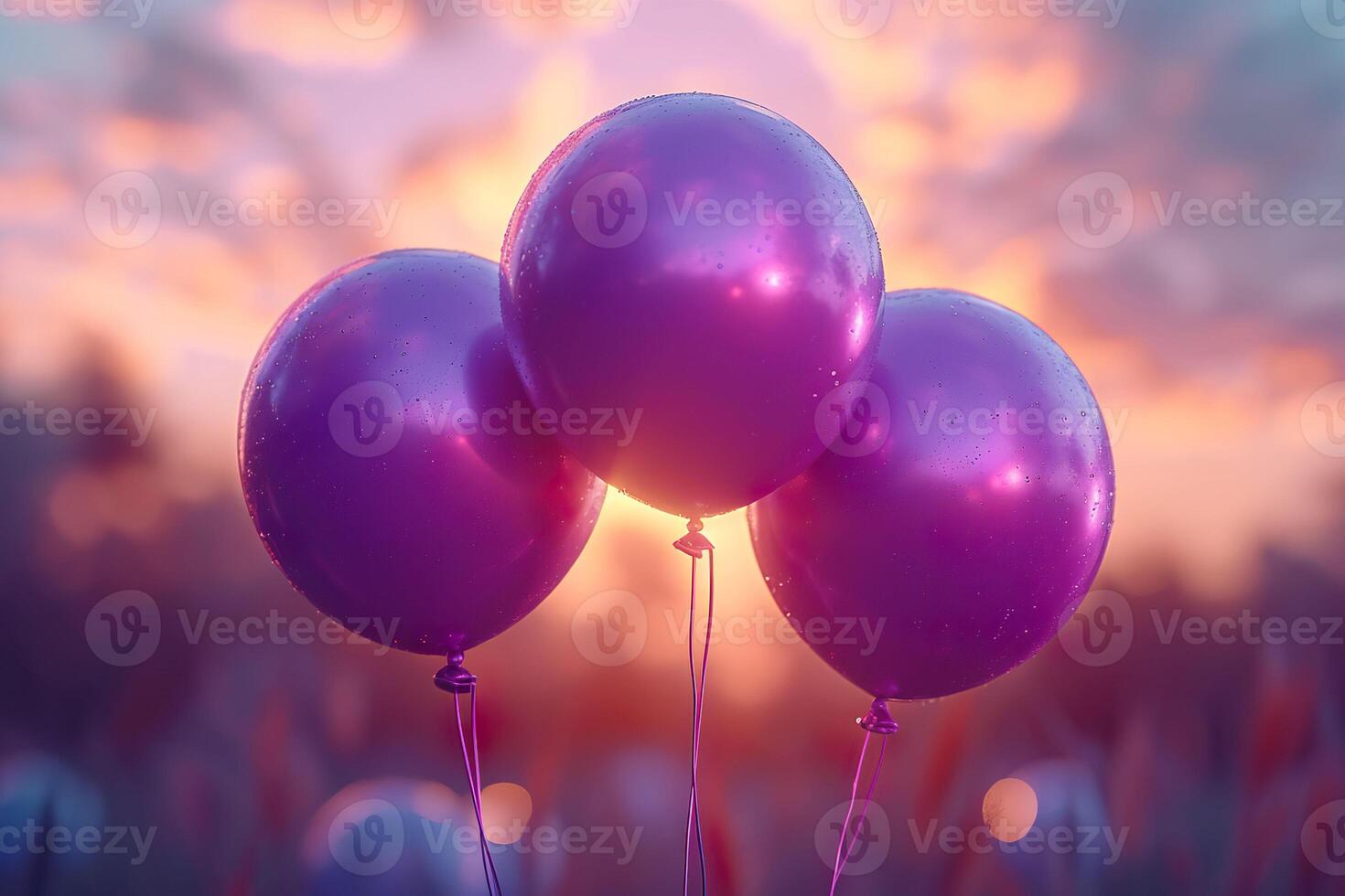 AI generated Purple balloons floating with sunset background at an epilepsy awareness fundraiser. Purple day. Generative AI. photo