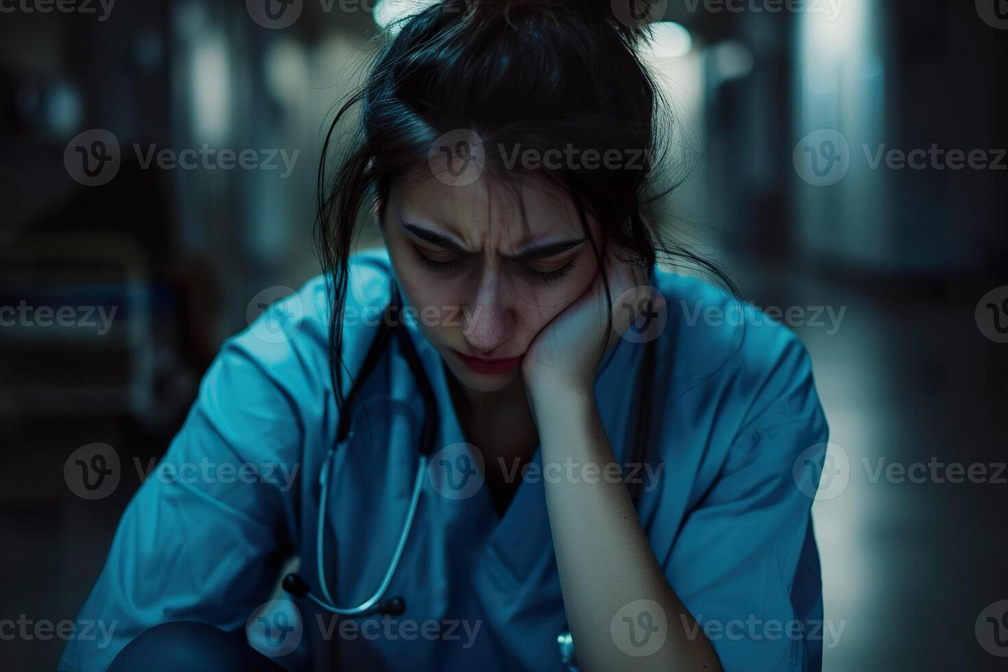 AI generated A distressed young female doctor experiencing an emotional stress. Generative AI. photo