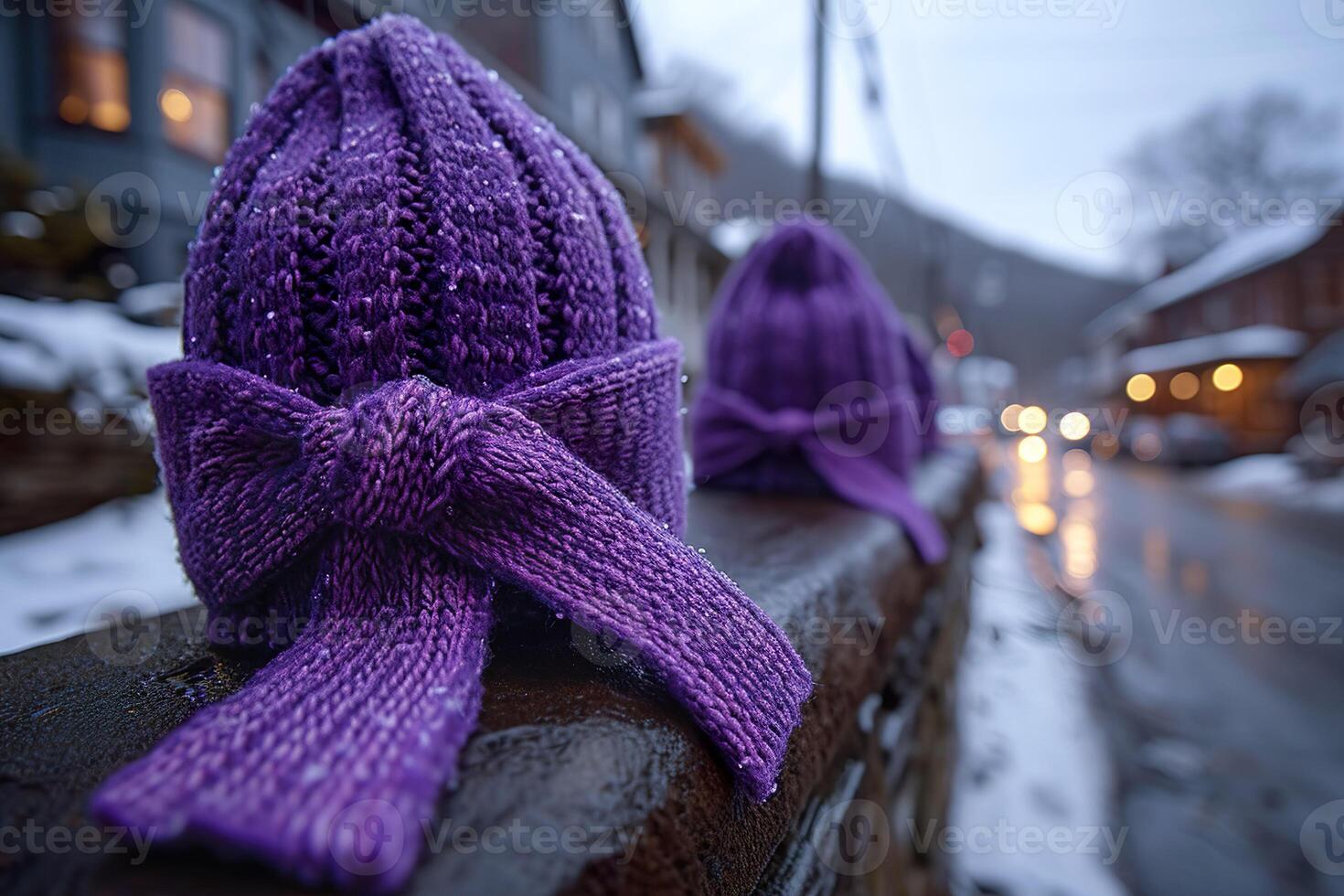 AI generated Purple knitted hats on snowy evening. Purple day. Generative AI. photo