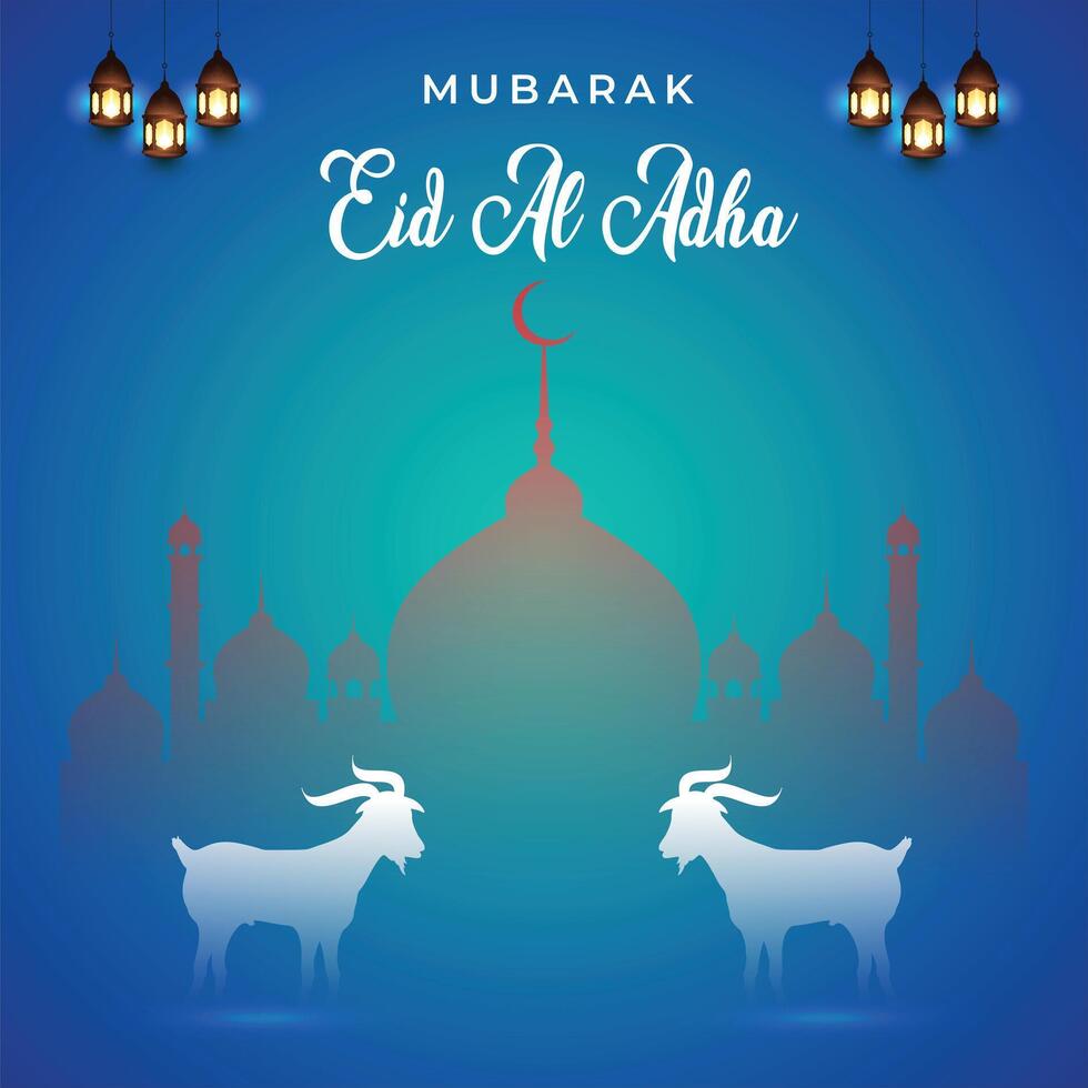 Eid ul Adha Blue banner Unique Design Mosque and Goat, Vector art