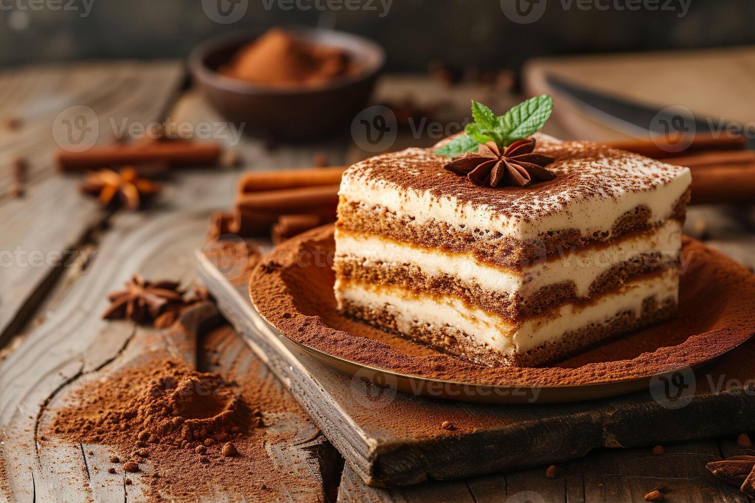 AI generated A slice of tiramisu surrounded by ingredients like cocoa powder, cinnamon sticks, and coffee beans on a wooden table. Generative AI. photo