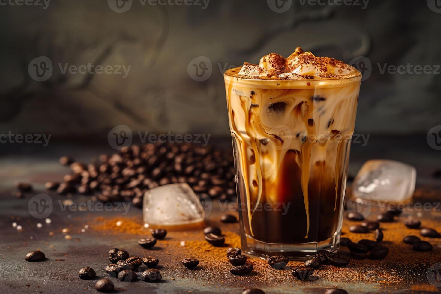 AI generated A glass of iced coffee with cream swirling and coffee beans. Generative AI photo