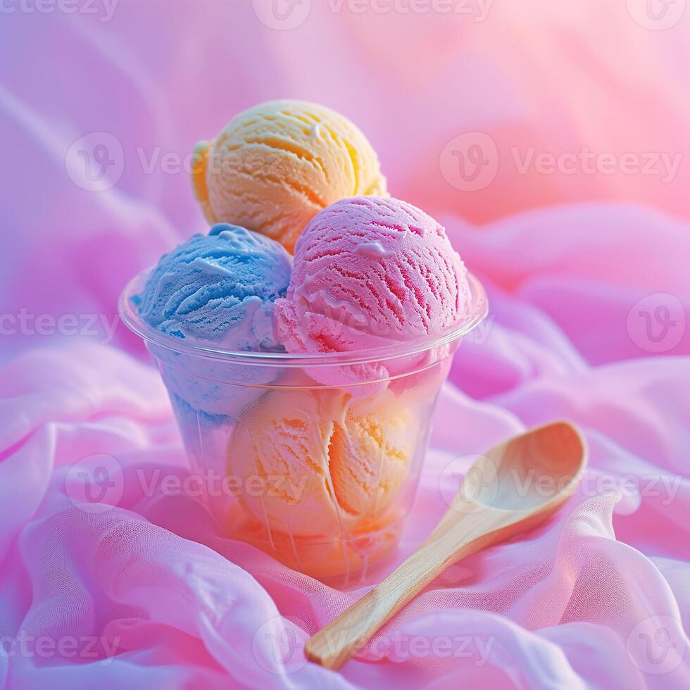 AI generated A small clear plastic cup filled with multicolored scoops of ice cream on pink background with a wooden spoon on the side. Generative AI. photo