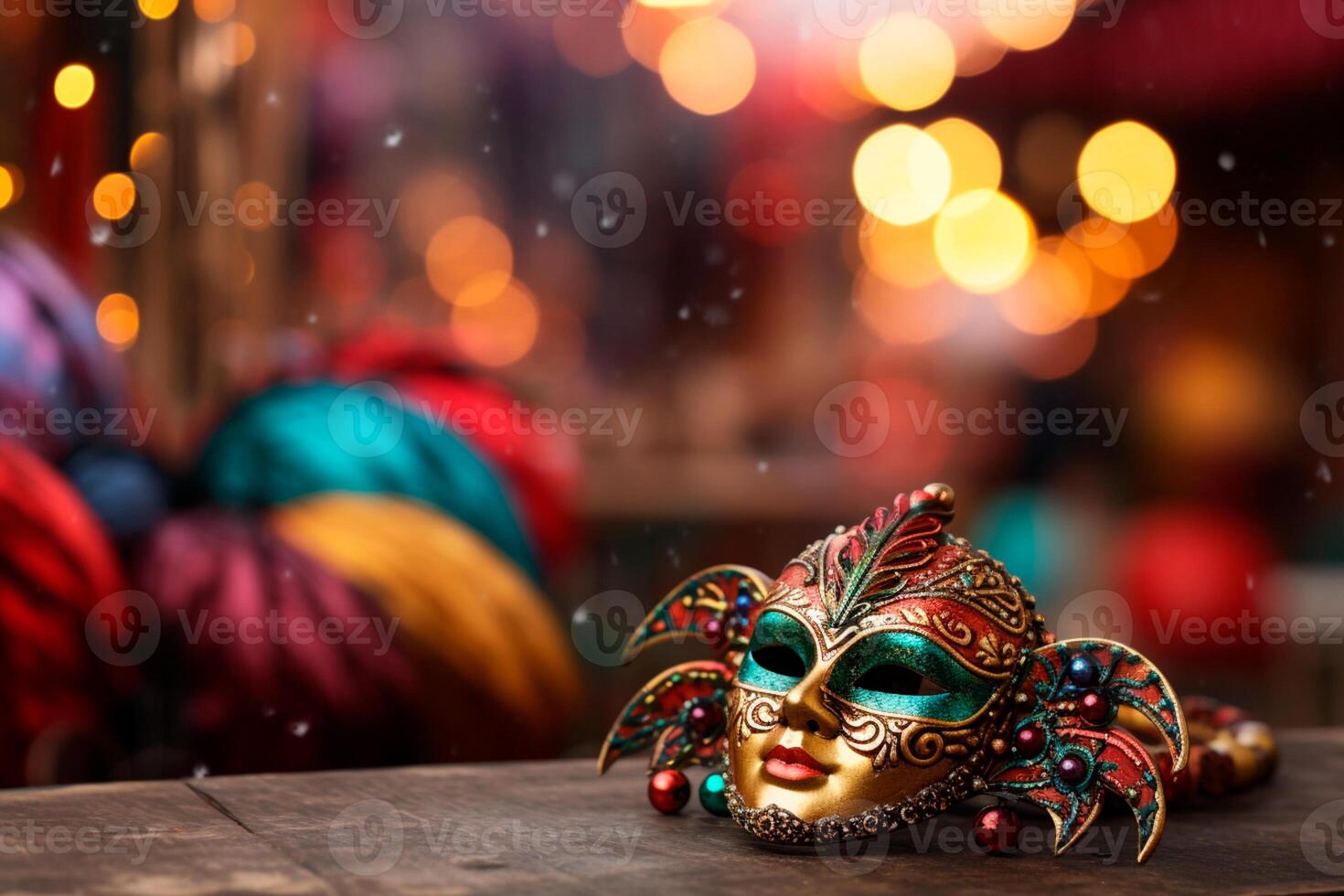 AI generated Close-up of a colorful carnival mask, an essential element for the party. Carnival mask highlighted, displaying its richness of colors on a surface. photo