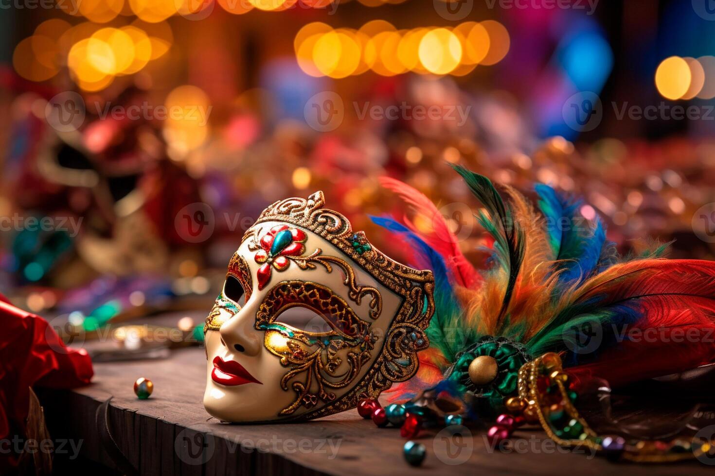 AI generated Close-up of a colorful carnival mask, an essential element for the party. Carnival mask highlighted, displaying its richness of colors on a surface. photo